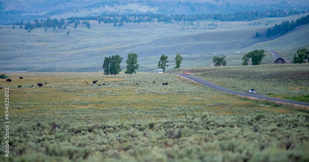 Fototapeta premium The sun setting over the Lamar Valley near the northeast entrance of Yellowstone National Park in Wyoming.
