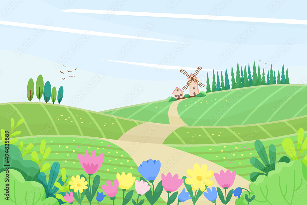 Rural spring landscape with flowers. Summer or spring background with place for text. Hilly terrain, farm fields, trees, windmill, flowering fields. Flower festival poster. Vector illustration.