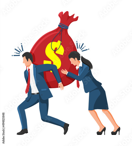 Woman and Man Dragging Heavy Giant Money Sack