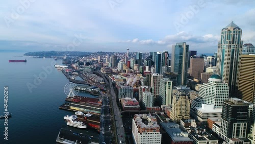 Wide aerial shot of Seattle's waterfront in 2017 when the Viaduct was still around. photo