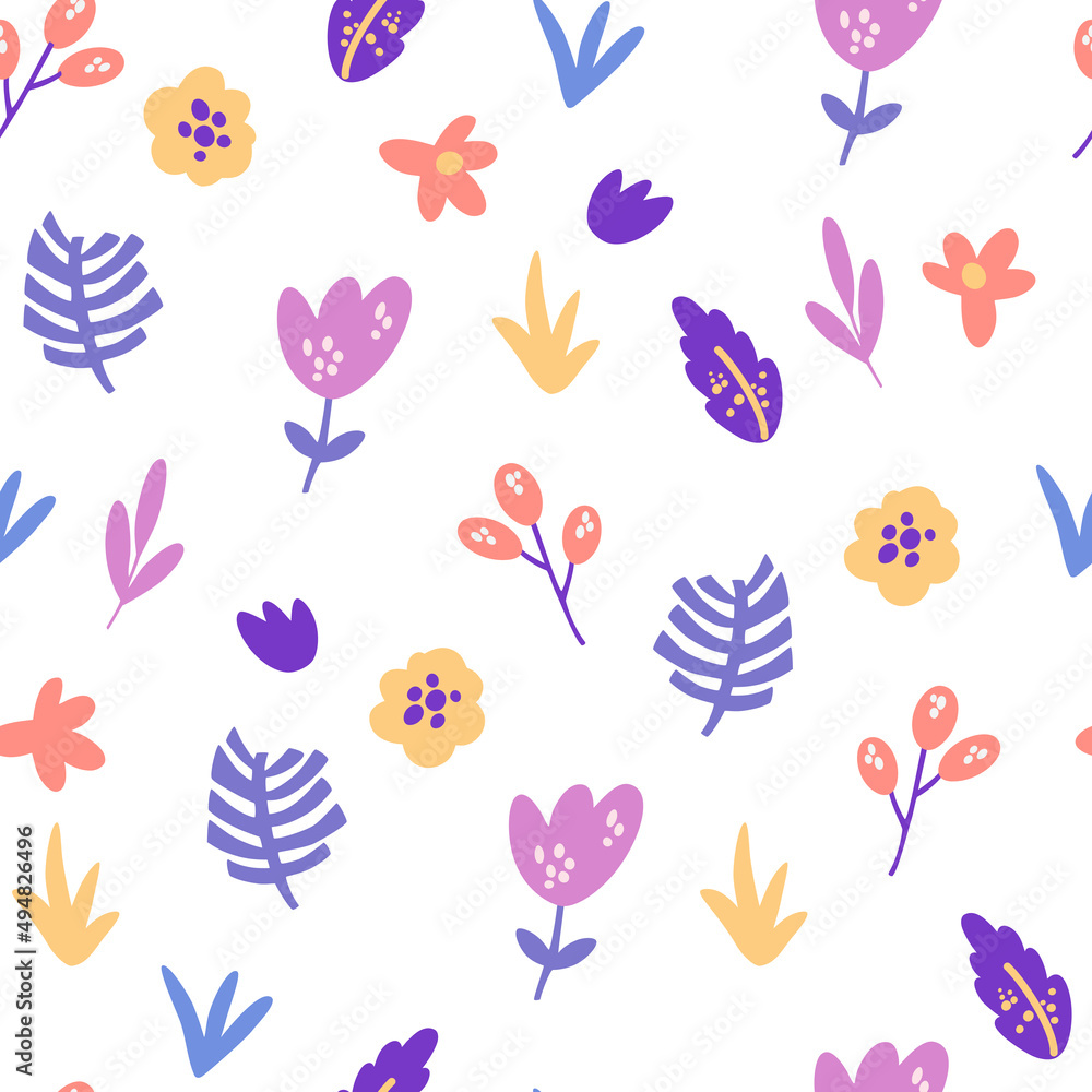 Obraz premium Flowers and herbs seamless pattern. Romantic floral background. Perfect for fabric, packaging, wallpaper, textiles, clothing. Vector cartoon illustration