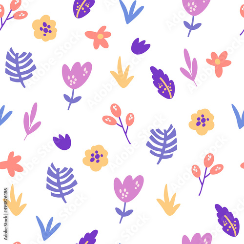 Flowers and herbs seamless pattern. Romantic floral background. Perfect for fabric, packaging, wallpaper, textiles, clothing. Vector cartoon illustration