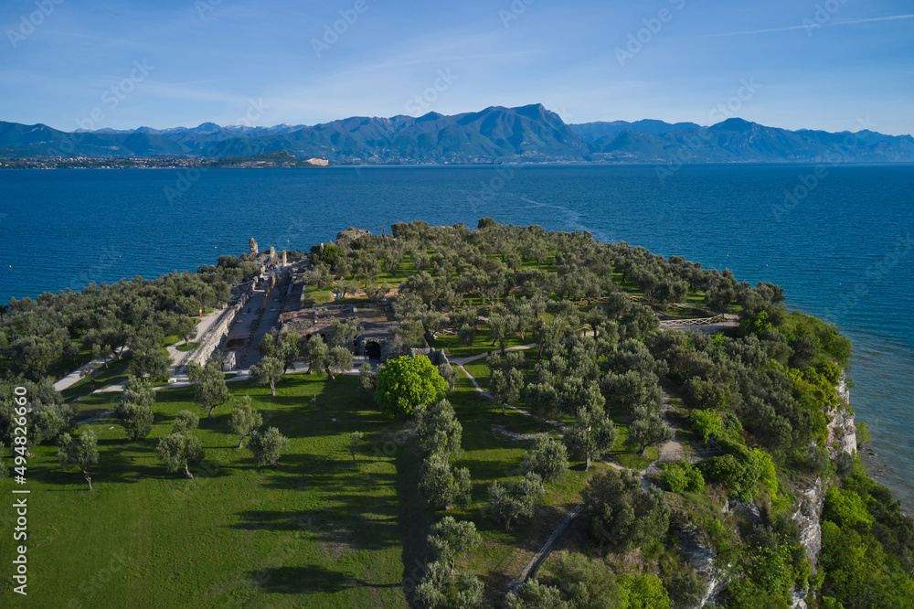 Aerial view of the Grotte di Catullo ruins of a large Roman villa on