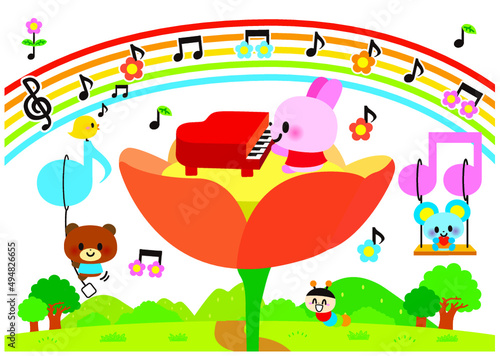音楽,花,春,ピアノ,音符,音,虹,かわいい,ウサギ,クマ,ネズミ,昆虫,五線譜,芋虫,ひよこ,笑顔,楽器,３月,４月,鳥,なかよし,メルヘン,嬉しい,楽しい,種,喜び,自然,あたたかい,開花,動物,キャラクター,演奏,ラブリー,幼児向け,ポップ,イラスト,子供向け