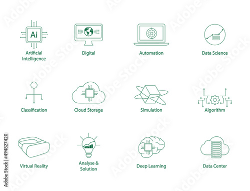 artificial intelligence, digital, automation, data science, classification, cloud storage, simulation, algorithm, virtual reality, deep learning, data center machine learning icon set
