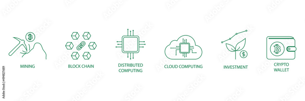 mining, Blockchain, distributed computing, cloud computing, investment, crypto wallet line icon set vector illustration mining, Blockchain, distributed computing, cloud computing, investment, crypto wallet line icon set vector illustration