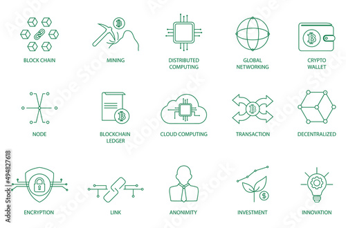 Blockchain, mining, distributed computing, global network, crypto wallet, node, blockchain ledger, cloud computing, transaction, decentralized, encryption, anonymity, investment, innovation icon set