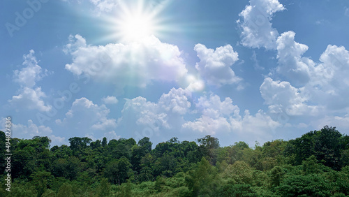 Close up of bright shining sun on blue sky. Nature concept