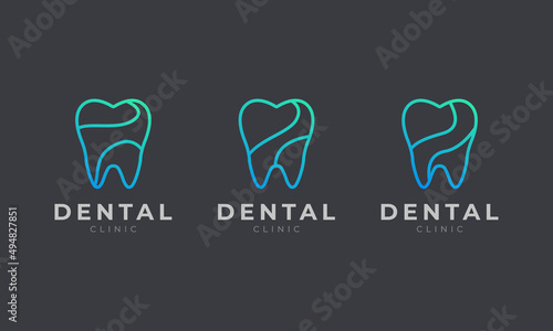 Dental Clinic Tooth Linear style. Dentist Stomatology Medical Doctor Logo Vector Design Inspiration