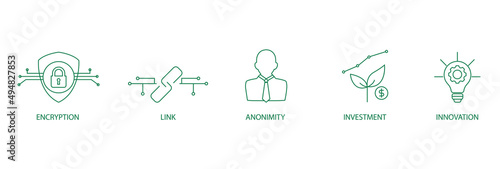 encryption, link, anonymity, investment, innovation, blockchain icon set vector 