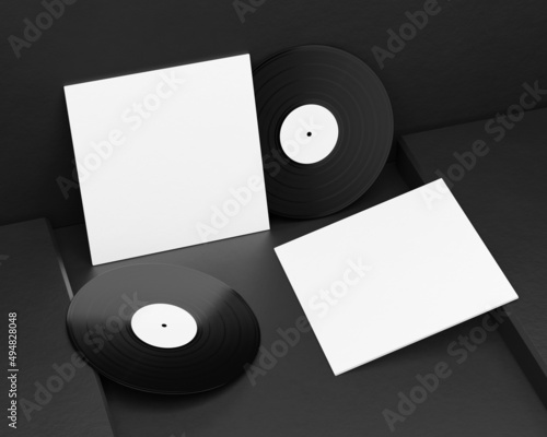 Bilde på lerret 3d render of a vinyl record mockup on a dark background
