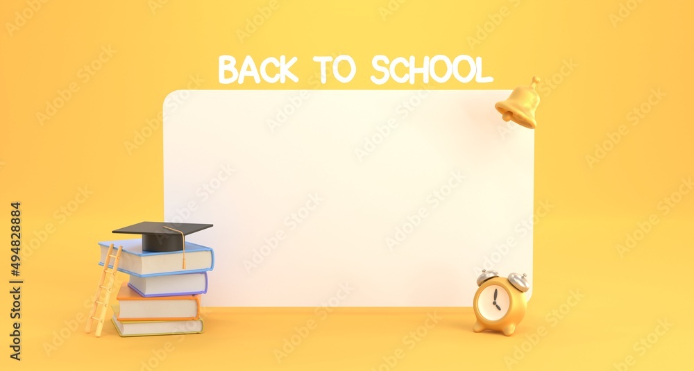 Back to school cartoon banner. White empty blackboard with stack books, graduation cap, ladder, bell and alarm clock on yellow background. Concept of growth or online education, 3d render illustration