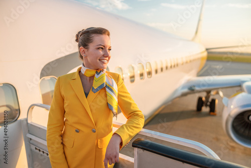 Joyful female stewardess standing near airplane at airport photo