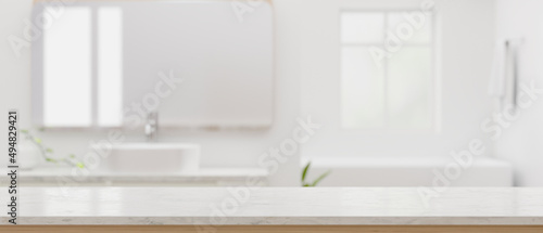 Luxury white bathroom background with mockup space on white countertop.