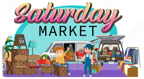 Saturday flea market concept with cartoon character