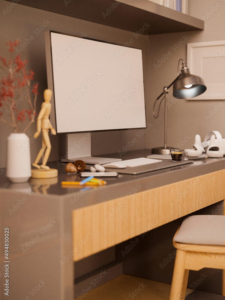 Modern contemporary home working table with pc desktop computer Modern contemporary home working table with pc desktop computer