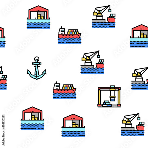 Container Port Tool Vector Seamless Pattern Thin Line Illustration © vectorwin