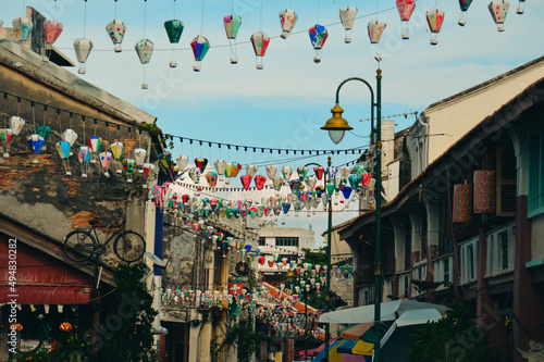 Famous streets of Penang Malaysia decorated in paper lanterns © MarieXMartin