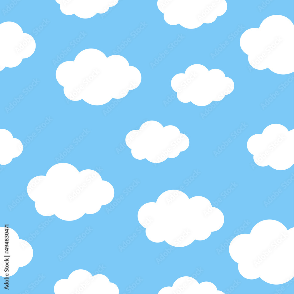 Seamless pattern background with White fluffy cartoon clouds on light blue sky. Vector illustration for kids fabric or backdrop.