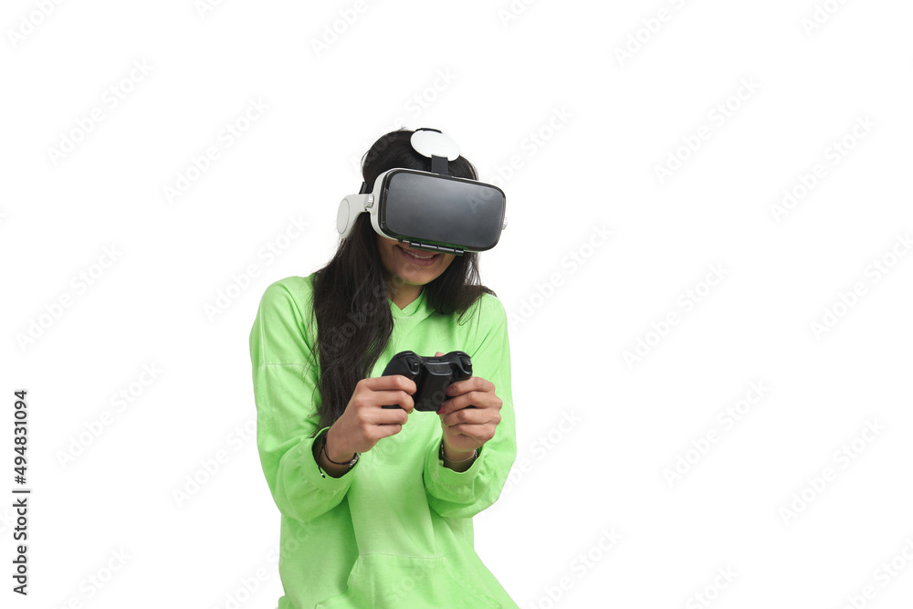 Happy young Venezuelan woman playing horror VR game. Isolated over white background. Happy young Venezuelan woman playing horror VR game. Isolated over white background.
