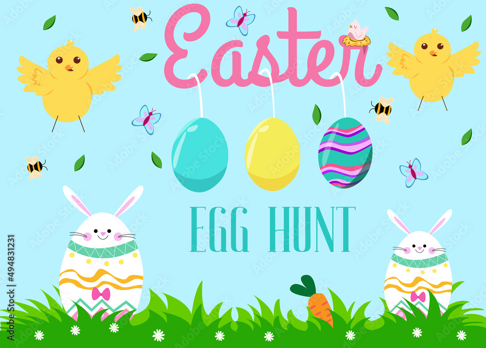 Fototapeta premium Happy Easter banner with bunny, flowers and eggs.Easter egg hunt poster or invitation template. Vector illustration.