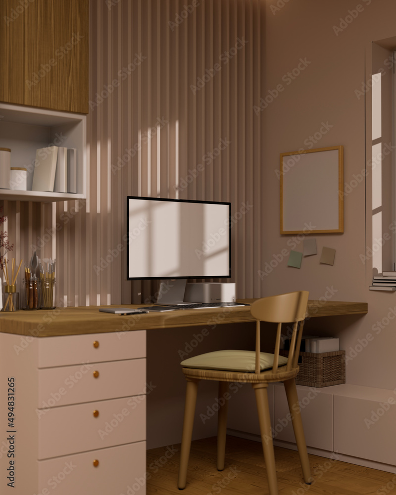 Modern feminine home workspace interior with stylish wooden desk Modern feminine home workspace interior with stylish wooden desk