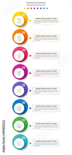 Vector line infographics template for eight arrows and circles. Business concept with 8 elements and icons. Modern blank space for chart, content, step for step, timeline, diagram, web