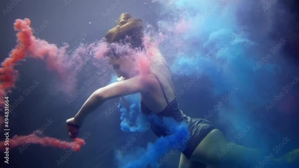 custom made wallpaper toronto digitalartistic underwater shot with amazing graceful lady and blue and pink paints, swaying mist in depth