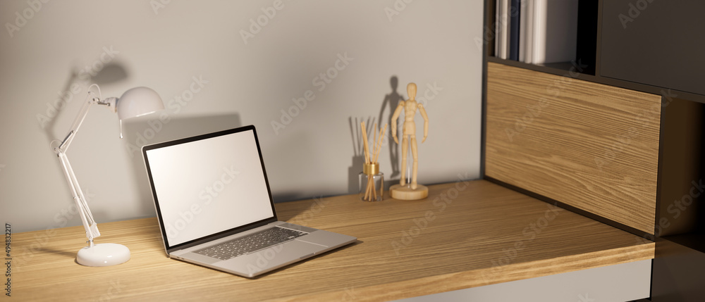 Fototapeta premium Comfortable minimal office desk workspace with portable notebook laptop