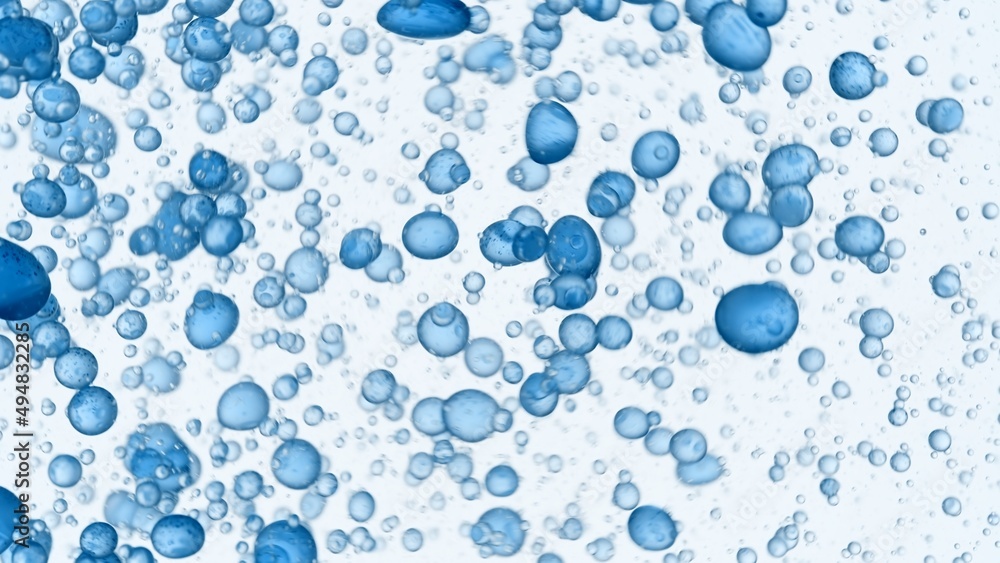 Drops of blue hypochlorous acid are swirling in clear liquid on white background | Abstract body care cosmetics with hypochlorous acid formulating concept Drops of blue hypochlorous acid are swirling in clear liquid on white background | Abstract body care cosmetics with hypochlorous acid formulating concept