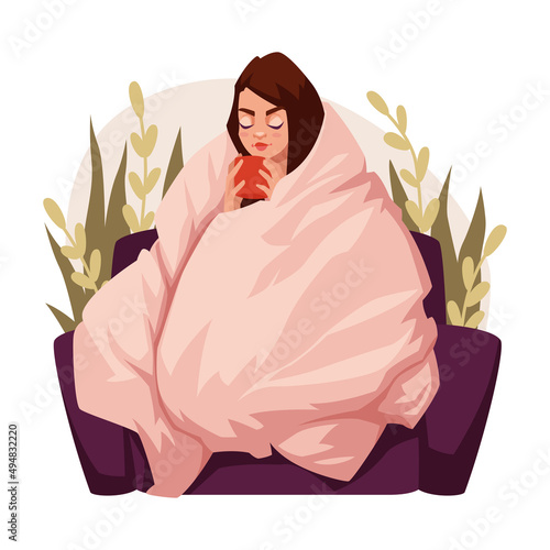 Young girl sitting on the couch wrapped in a blanket and drinking a hot drink. Leisure, rest, coffee, tea, comfort. Women's routine,
everyday life concept. Vector illustration.