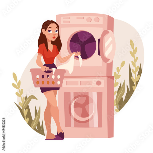 Woman doing laundry. Young girl character loading washing machine. Laundromat, household appliances. Housekeeping concept. Women routine, 
everyday life. Vector illustration.