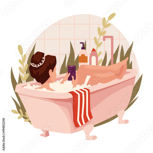 Woman taking bath. Young girl lies in the bathroom with a phone in hands. Personal hygiene, leisure, relaxation. Women routine, 
everyday life concept. Vector illustration.