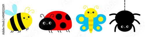 Ladybug ladybird, spider, bee bumblebee, butterfly, lady bug. Insect set line. Cute cartoon funny kawaii baby animal character. Flat design. White background. Isolated.