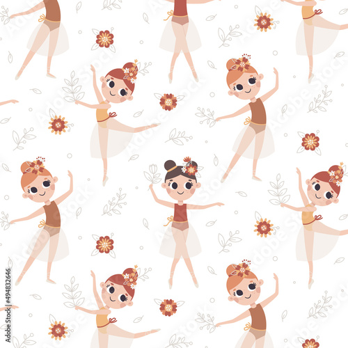 Dancing little vector girl ballerinas seamless pattern with flowers, leaves, plants and floral elements in trendy colors.