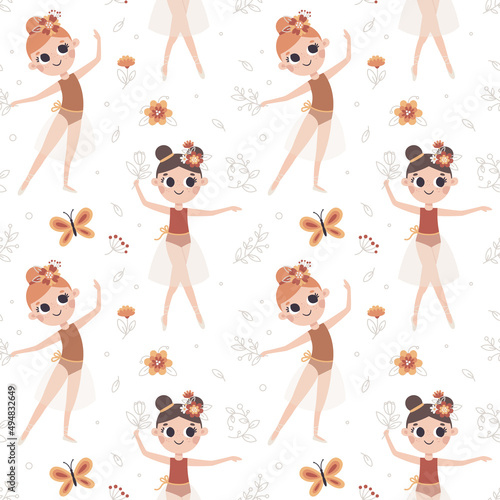 Dancing little vector girl ballerinas seamless pattern with flowers, leaves, plants and floral elements in trendy colors.