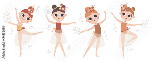 Dancing little vector girl ballerinas with flowers, leaves, plants and floral elements in trendy boho colors.