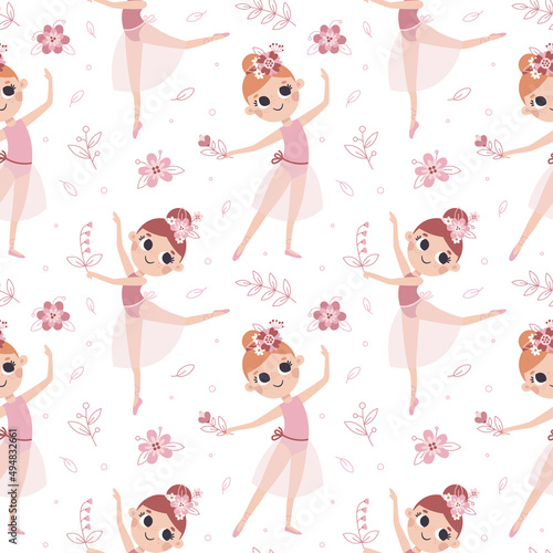 Dancing little vector girl ballerinas seamless pattern with flowers, leaves, plants and floral elements in trendy colors.