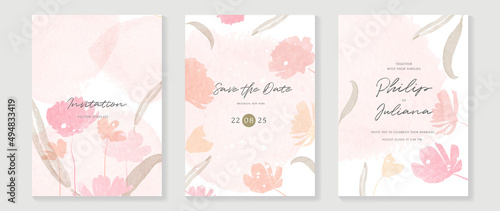 Fototapeta Naklejka Na Ścianę i Meble -  Abstract art background vector. Luxury invitation card background with golden line art flower and botanical leaves, Organic shapes, Watercolor. Vector invite design for wedding and vip cover template.