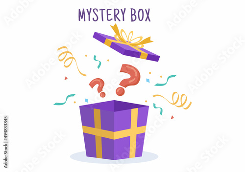 Mystery Gift Box with Cardboard Box Open Inside with a Question Mark, Lucky Gift or Other Surprise in Flat Cartoon Style Illustration