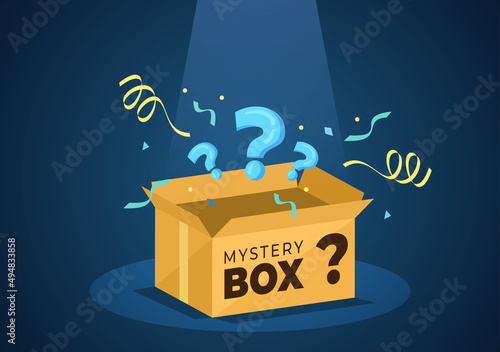 Mystery Gift Box with Cardboard Box Open Inside with a Question Mark, Lucky Gift or Other Surprise in Flat Cartoon Style Illustration