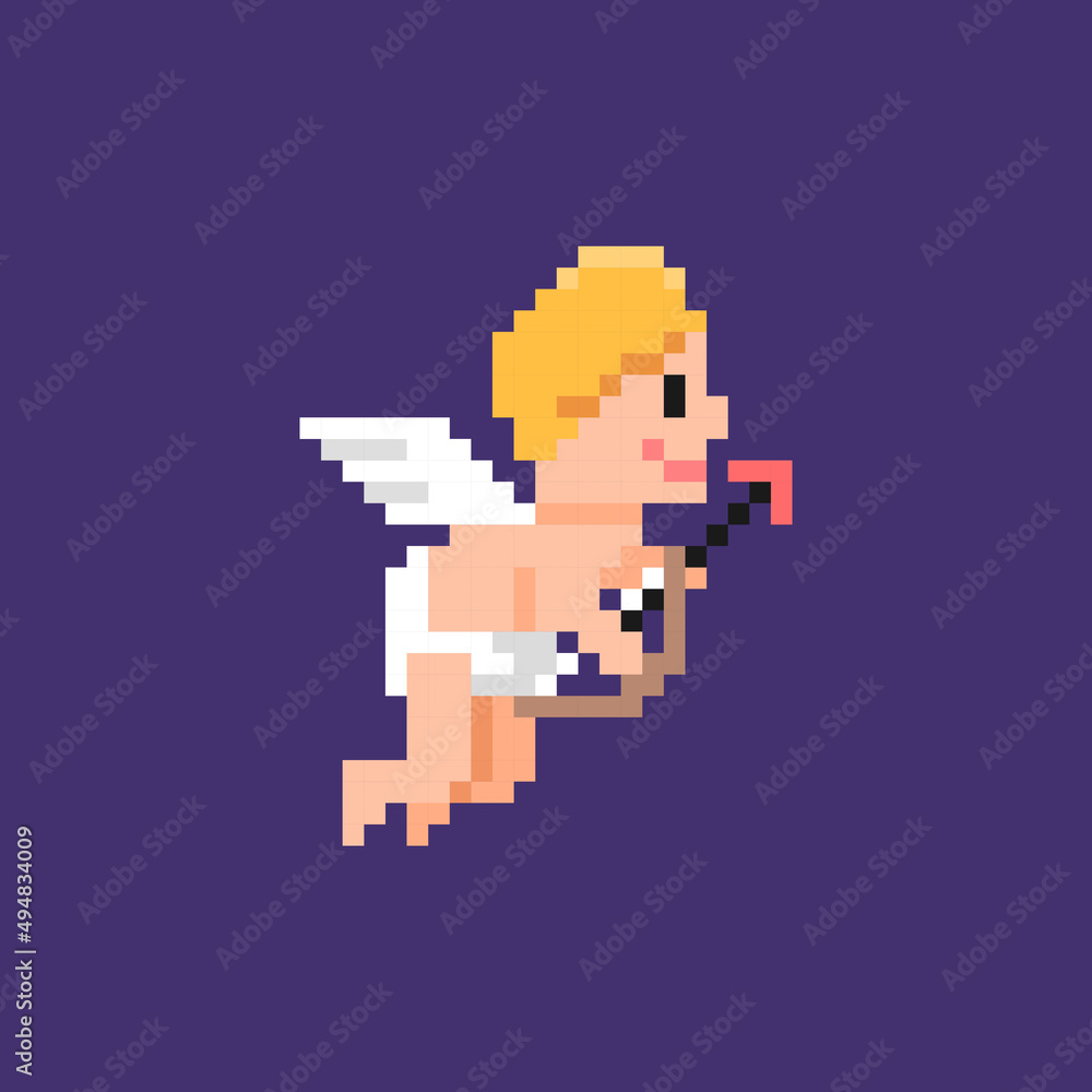 Obraz premium illustration of cupid holding love arrow. love symbol. love God. winged child. pixel art or 8 bit. vector character design. elements, assets, games
