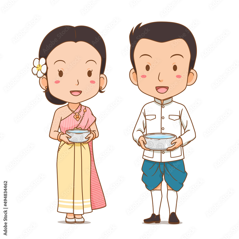 Cute couple cartoon holding water bowls in Songkran festival, Thailand. Cute couple cartoon holding water bowls in Songkran festival, Thailand.