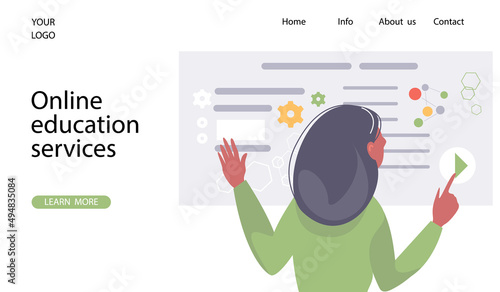 Online educational services. People studying remotely. Providing assistance to obtain information. Website design. Landing page template, banner.