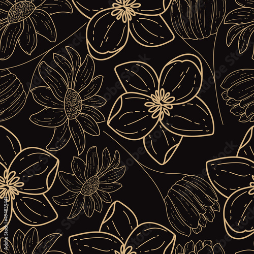 Elegant hand drawn golden floral seamless pattern