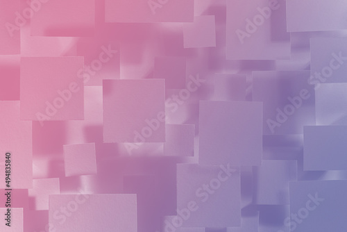 Abstract geometric background with flying squares - pattern in saturated trendy colors -  very peri, purple, pink with soft shadows, top view. Gentle romantic backdrop in minimal style. photo