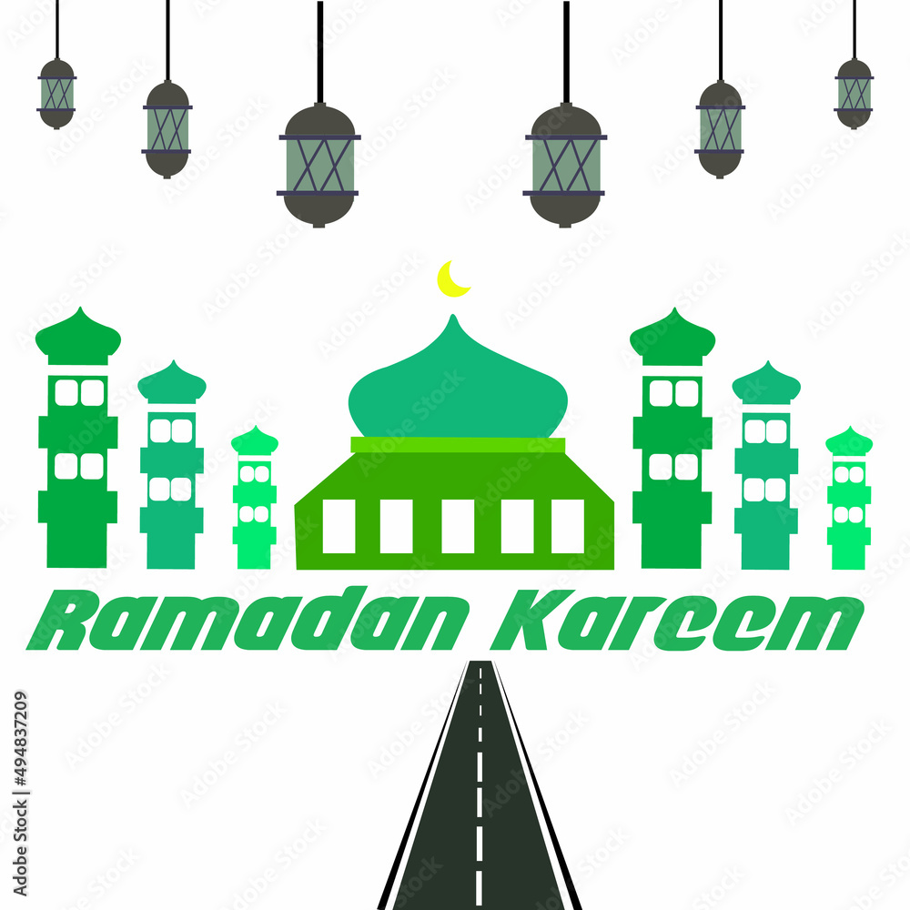 illustration of a city street mesque green ramadan kareem.good for tema ramadan,ramadan eid,etc.