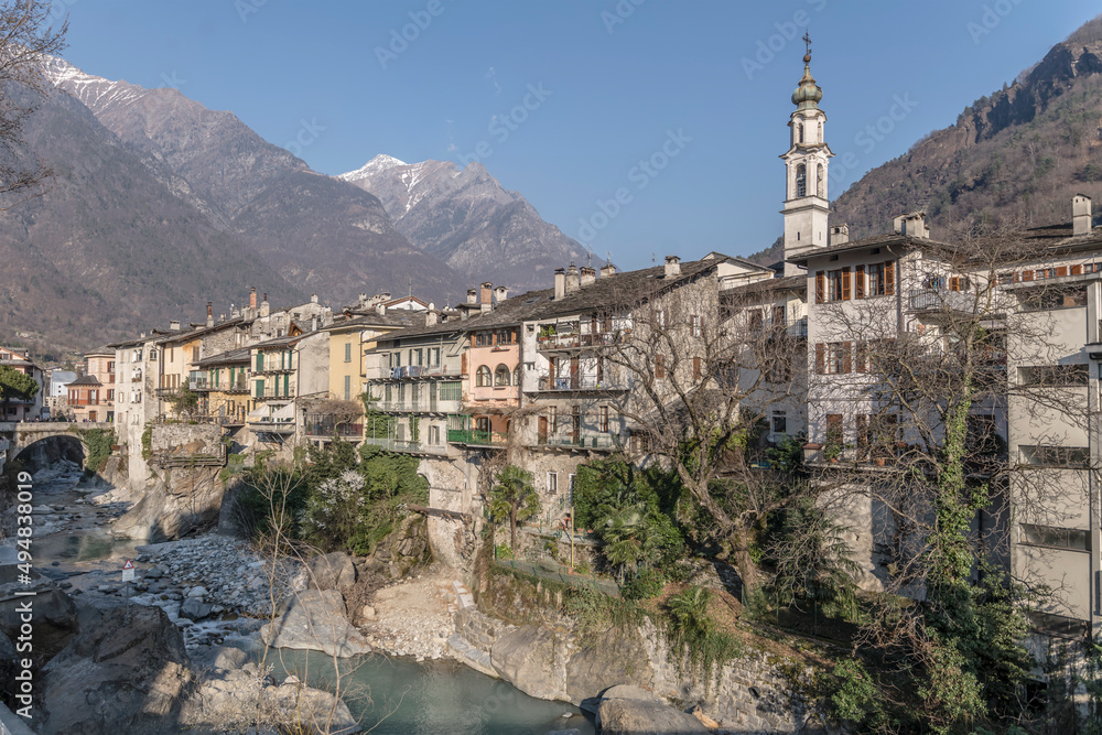 old houses on Mera river at Chiavenna, Italy