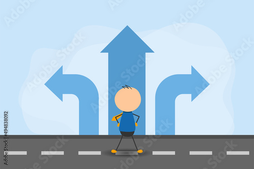 Businessman with confused stickman shape in front of arrow crossing to make right decision and solution. Business decision and career path strategy concept.