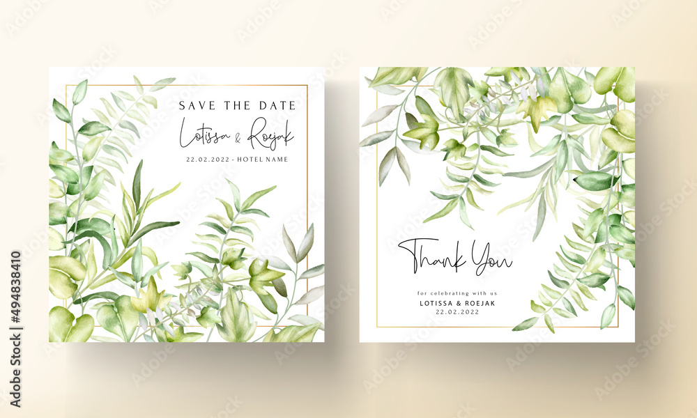 Wedding invitation template with beautiful watercolor leaves
